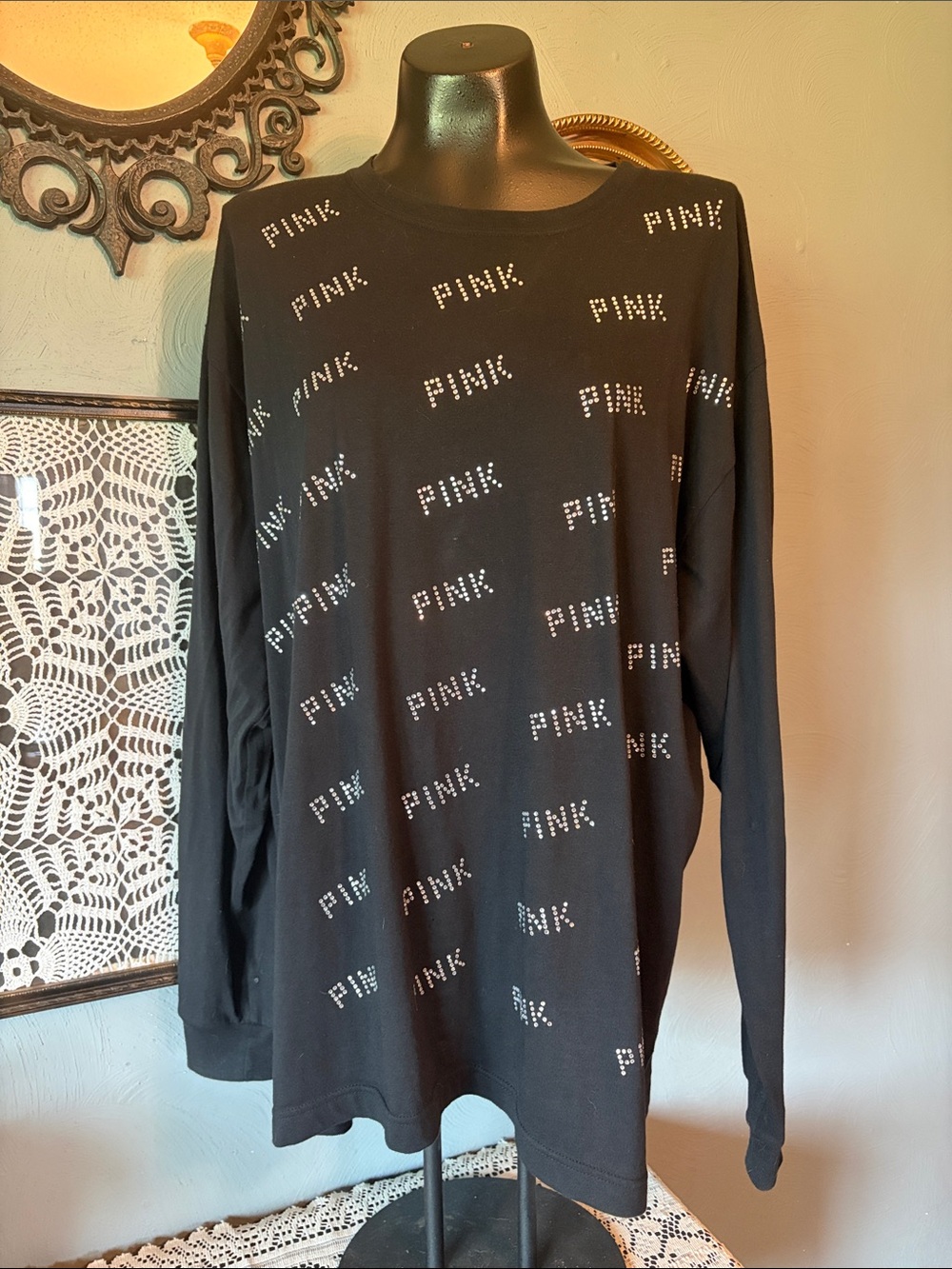 PINK Victoria's Secret Black Long Sleeve Tee with Studded PINK Logos